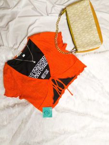 🥰Combo of Orange Tie-Front Top & Bag😍