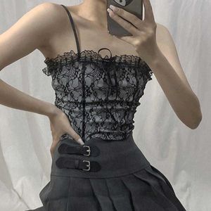 Y2K Black Floral Lace Top Ruffles Sexy Tank