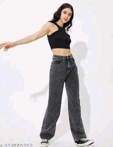 Charcoal Grey Wide Leg Denim Jeans