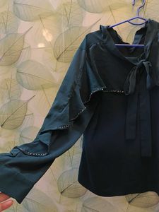 Ruffled Sleeve Tie-Neck Top