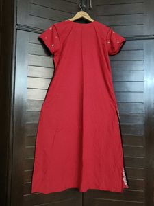 Women Red Embroidery Cotton Mix Casual Kurta