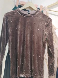 Brown Velvet Embellished Top