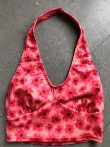 Y2K Floral Halter Crop Top - Pink & Red