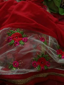 Red Saree with Floral Embroidery