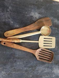 Combination Of 2 Wooden Spatulas and Steel Karchi