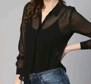 Black Sheer Polka Dot Top