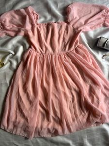 Pink Chiffon Mini Dress with Puff Sleeves