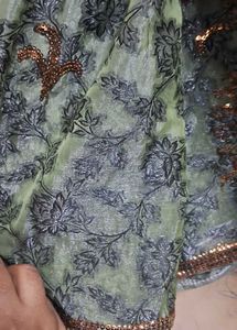 tissue type olive green chamki work saree