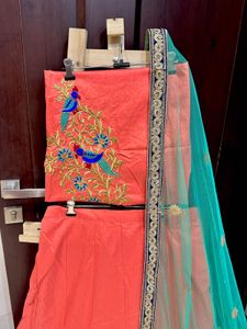 Brand New Peach Silk Embroidered Lehenga Choli Set