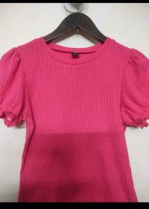 Pink Ribbed Puff Sleeve Top - Shein