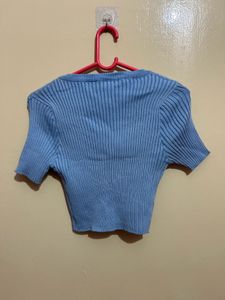 Blue Ribbed Tie-Front Top