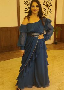 Elegant Blue Drape Saree With Bishop Sleeves