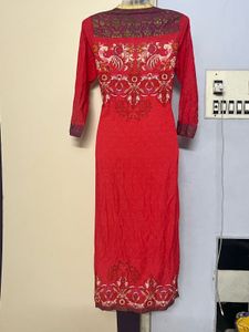 Embroidered Pure Cotton Red Kurta