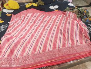 Pink &amp; White Synthetic Saree
