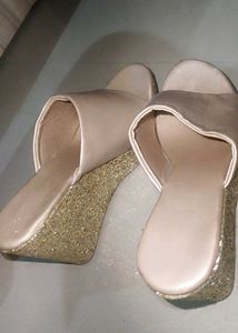 golden shimmer wedge heel sandal