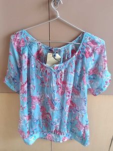 Blue Floral Lace-up Top