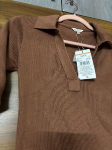 Earth Brown Ribbed Polo Dress