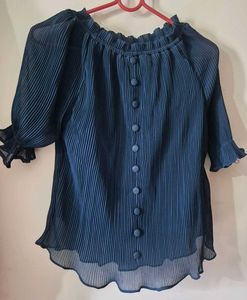 Elegant Navy Blue Pleated Off-Shoulder Top