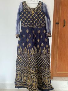 Navy &amp; Gold Embroidered Anarkali gown