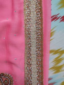 Neon/Light Pink Saree With Pearl &amp; Golden Work