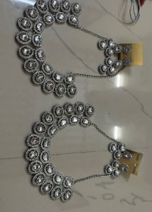 Elegant Silver Kundan Ear Chain&earings(set Of 2)