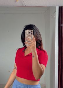 Red Polo Neck Crop Top