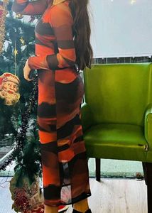 Abstract Print Mesh Midi Dress