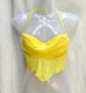 YELLOW SHEER CORSET TOP FOR WOMEN