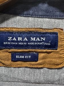 Zara Man Grey Slim Fit Elbow Patch Shirt