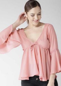 U&amp;F Casual Bell Sleeves Solid Women Pink Top