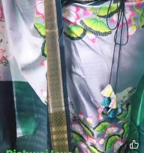 Art Silk Black Grey Handpainted Saree With Blouse