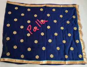 Georgette Navy Blue Saree With  Thread  Embroidery