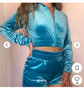 SHEIN Blue Velvet Cropped Hoodie