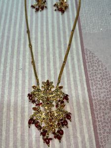 AD Double Pendant Necklace In Gold Nd Red Colour