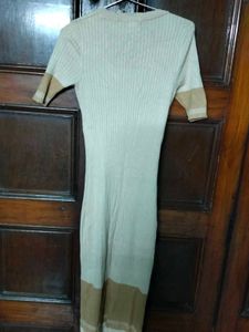 Beige Ribbed Knit Midi BodyCon Dress