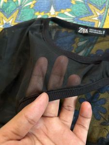 Sheer Sleeve One Shoulder Black Top
