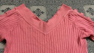 Pink Ribbed V-Neck Top