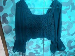 Dark Green Embroidered Top For Casual Wear.