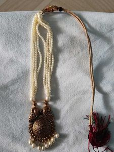 Pearl & Antique Gold Tone Pendant Necklace