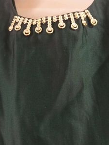 Dark Green Fluffy Dress With Golden Chain And Bow