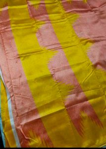 Coral Peach Saree With Yellow Contrast