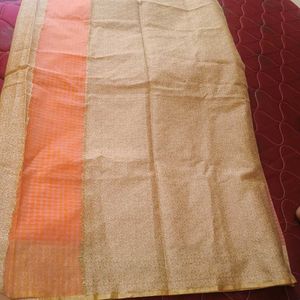 New Orange Golden Saree With Blouse Piece