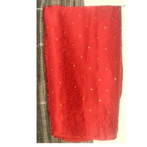 Solid Red Saree With Golden Stones On The Pallu