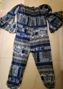 Blue Patterned Off-Shoulder Jumpsuit