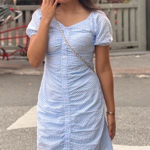 Blue Gingham Ruched Dress