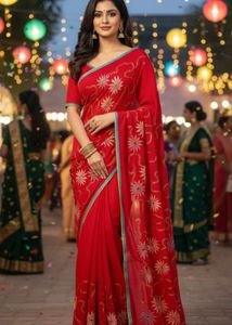 Elegant Red Embroidered Saree🔥
