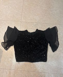 Sparkly Black Crop Top With Ruffal Sleeves