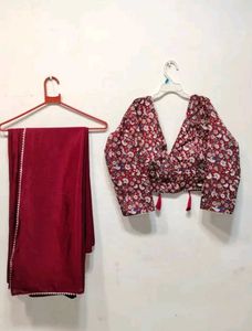 Floral Blouse & Maroon Pants Set