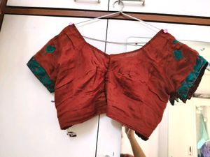Brick Red Cotton Blend Saree With Blouse