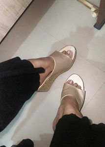 golden shimmer wedge heel sandal